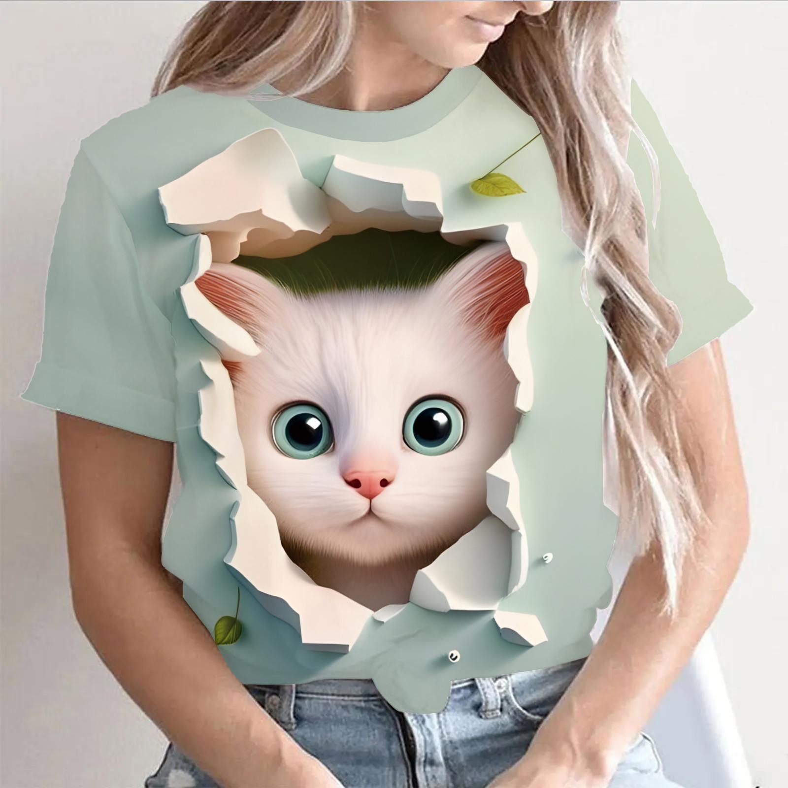 

Модная детская футболка с принтом 3D Kawaii Cat, футболки, топы, новинка 2024 года, футболка с коротким рукавом Harujuku Animal, свободная женская одежда больших размеров 160