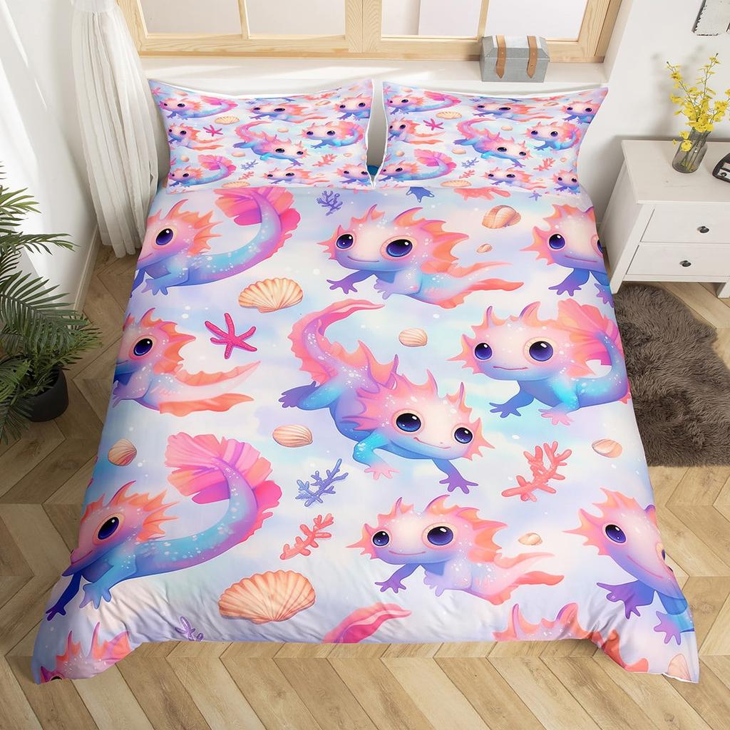 Comforter Kawaii Axolotl Full For Kids Boys Girls Room Decorpink Cute Cartoon Animal Bedding Set Sea Coral Shell Soft Warm