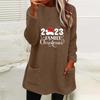 Autumn Winter Women's Christmas Print Round Neck Loose Long Sleeve Pocket Plush Hoodie