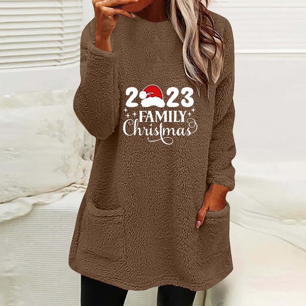Autumn Winter Women's Christmas Print Round Neck Loose Long Sleeve Pocket Plush Hoodie