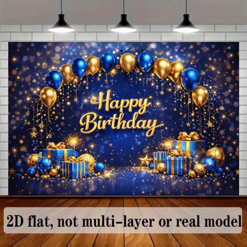 2D Blue Gold Sparkle Birthday Backdrop Banner Men Boys Happy Birthday Party Decor Background