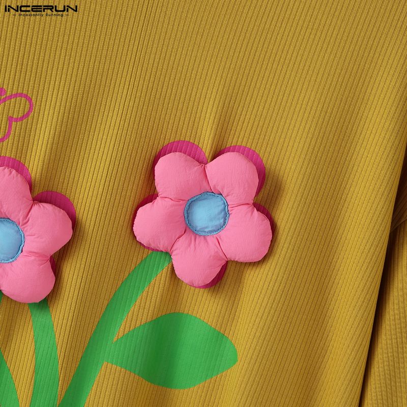 INCERUN Oversized Men Round Neck Short Sleeve 3D Flower Print Stitching Casual Rib T-shirts Tops