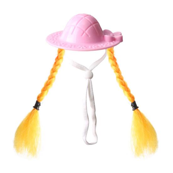 Small Pet Sun Hat Hamster Hat with Double Braids Elastic Strap Adjustable Hat with Wig for Budgies Parrots Roosters Guinea Pigs