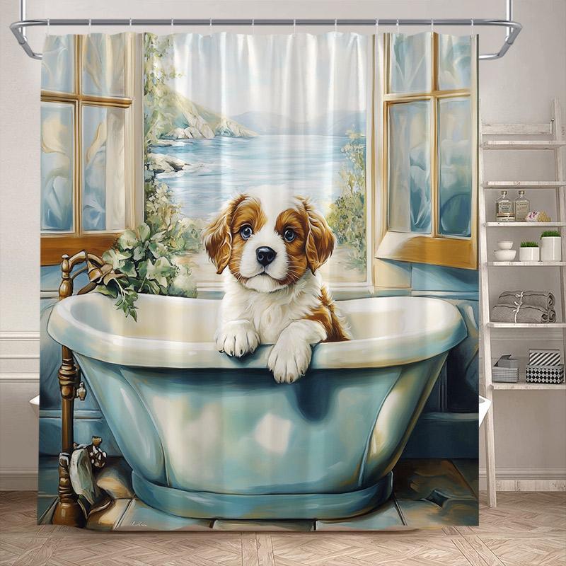 Funny Bathing Dogs Shower Curtain Bathtub Wash Your Paws Cute Pet Cartoon Animals Bath Curtains Fabric Bathroom Decor with Hooks