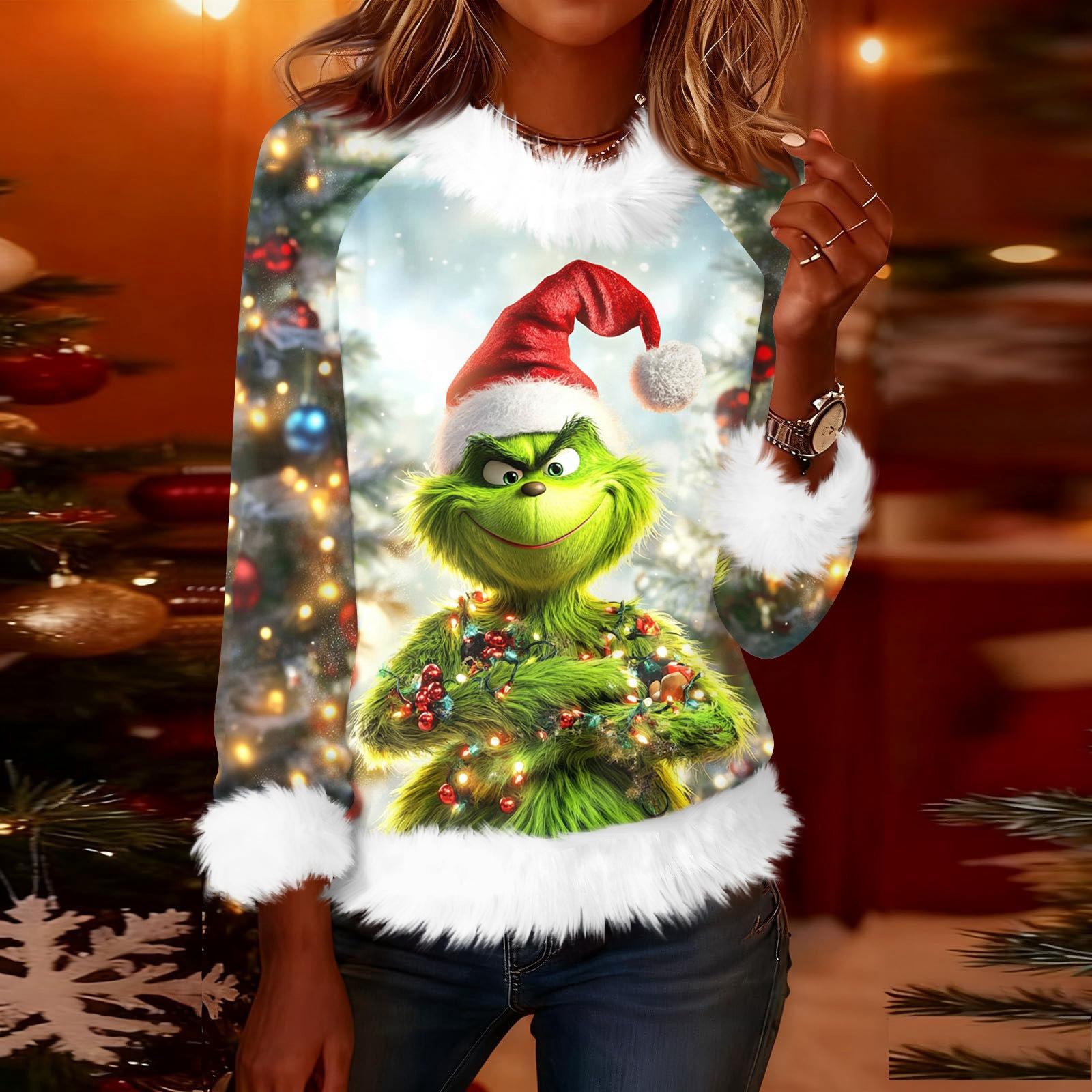 

Жіноча Модна Різдвяна Футболка з Круглим Вирізом та Довгим Рукавом, Повсякденний Пуловер XL білий