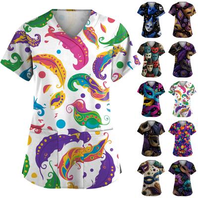 Women's Fashion V-Neck Short-Sleeved Workwear With Pockets Carnival Print Top Caregiver Uniform