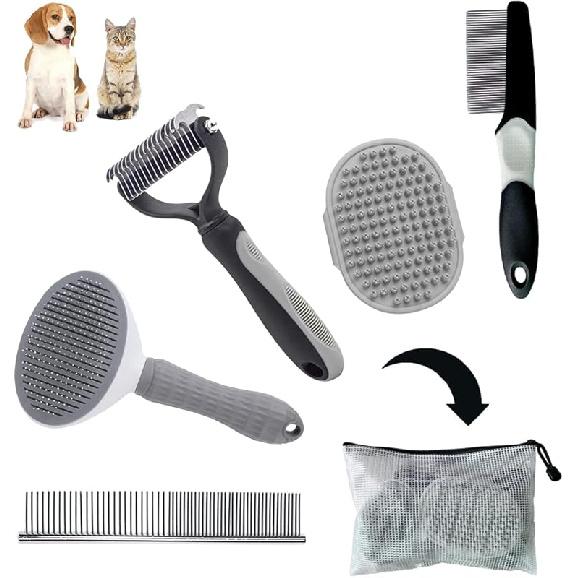 Zestaw do pielęgnacji psa - Szczotka do usuwania sierści krótkowłosej, Szczotka slicker, Grzebień na pchły, Zestaw szczotek dla szczeniąt w kolorze różowym