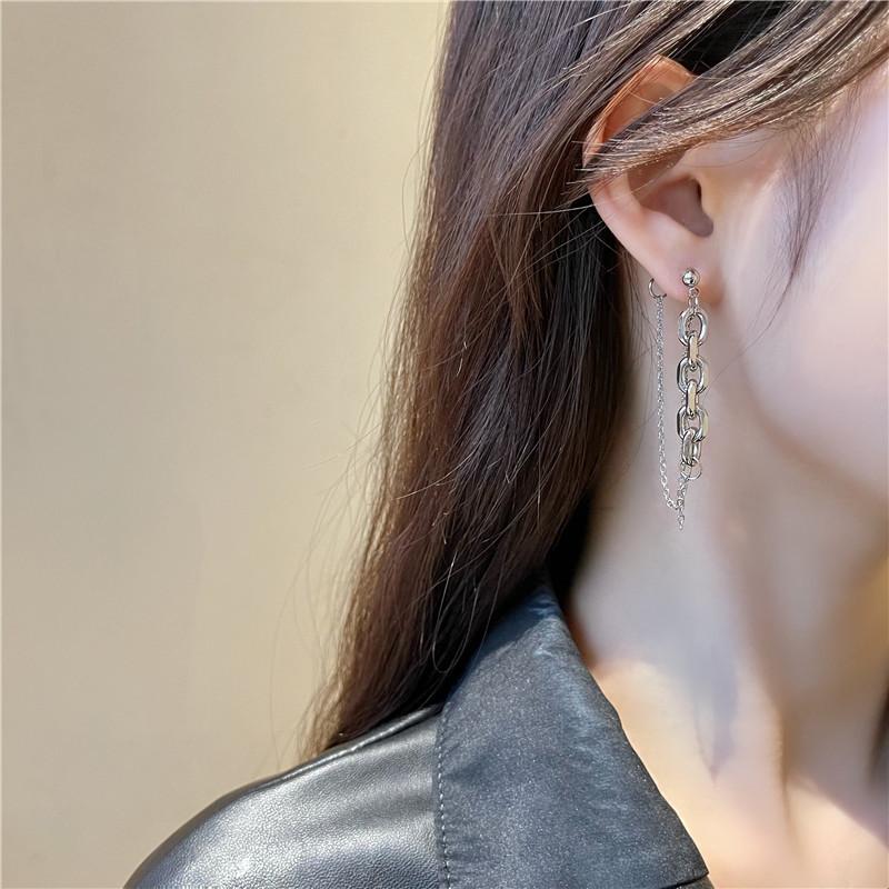 Trendy Punk Asymmetry Cool Girl Earrings for Women Temperament Stainless Steel Long Chain Boucle Hip Hop Rock Jewelry Party Gift