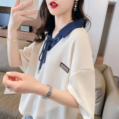 Women Summer Contrast Color Lace Up Sweet Chic T Shirt Trendy Casual Streetwear Loose Tees Y2K Cute Short Sleeve Tops Ropa