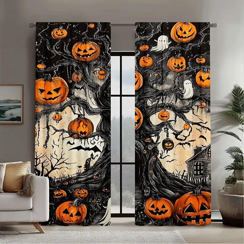 2PCS- Halloween Ghost Pumpkin Pattern Printed Curtains   Window Decorations   Home Decorations   Room Decorations