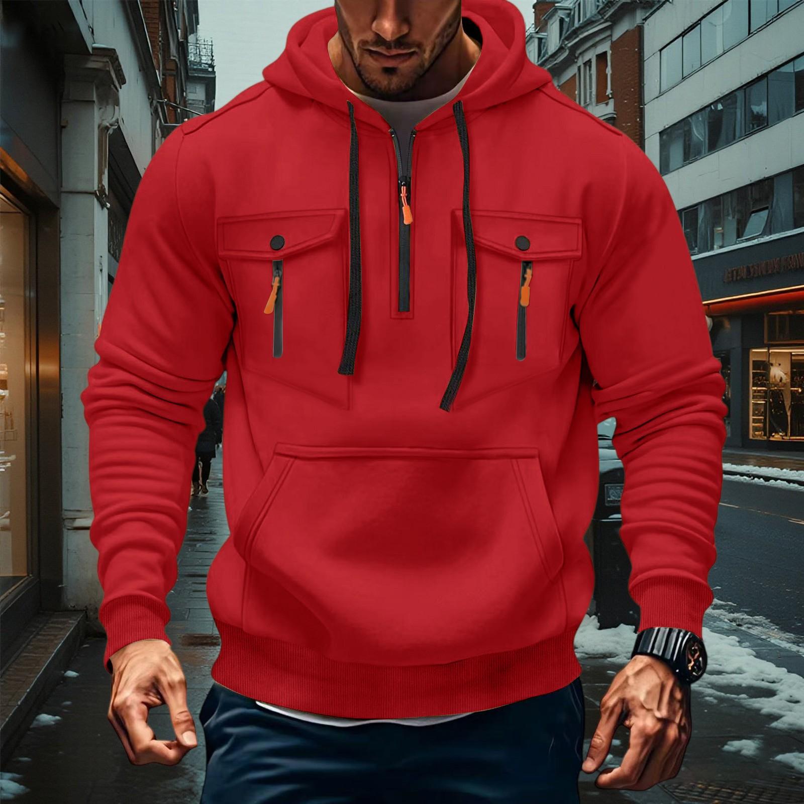 

Men s Military Cargo Hoodies, Casual Quarter Zipper Pullover Tops With Multi Pockets L червоний
