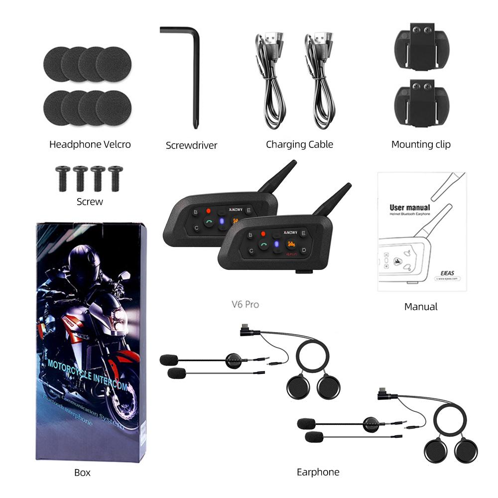 Cuffie per casco moto V6 Plus Interfono wireless Bluetooth5.0 Walkie-Talkie Musica vivavoce Comunicatore interfono 1500M per 6 ciclisti Doppio microfono