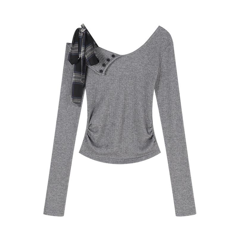 Chic Korean Grey One-Shoulder Bow T-shirt for Women - Sweet and Spicy Spring/Autumn Style S серый