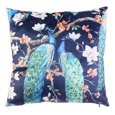 [R0010] - Blue 'Peacocks' Velvet Cushion - 40 Cm
