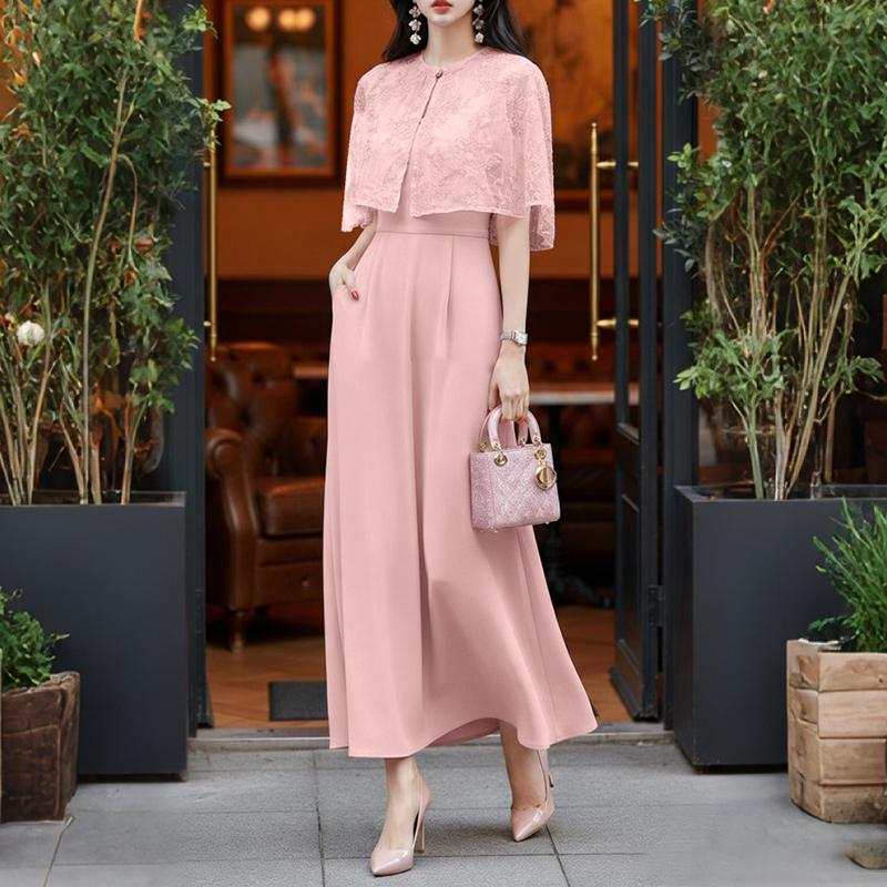 ZANZEA Women Casual Lace Splice Cape Shape Elegant Long Dress M розовый
