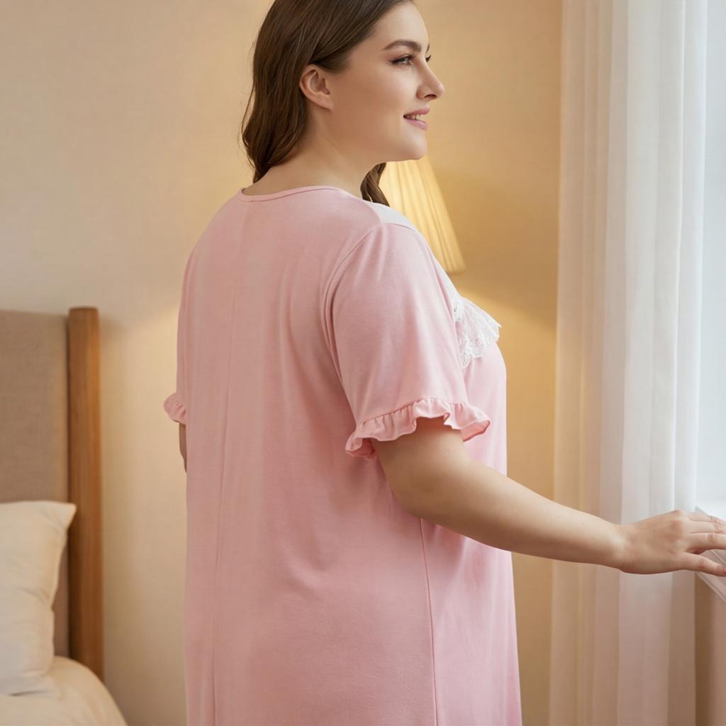 TIFICY Women's Fashion Summer Spring Lace Print Short Sleeve V‑Neck Loose Casual Nightgown