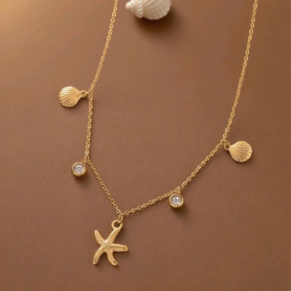 Ocean Series Gold-Plated Starfish & Shell Rhinestone Necklace - Luxurious & Versatile