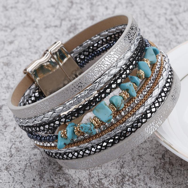 Stone Leather Bracelet for Women Retro Multilayer Crystal Snake Skin Wide Bangles Jewelry Gifts