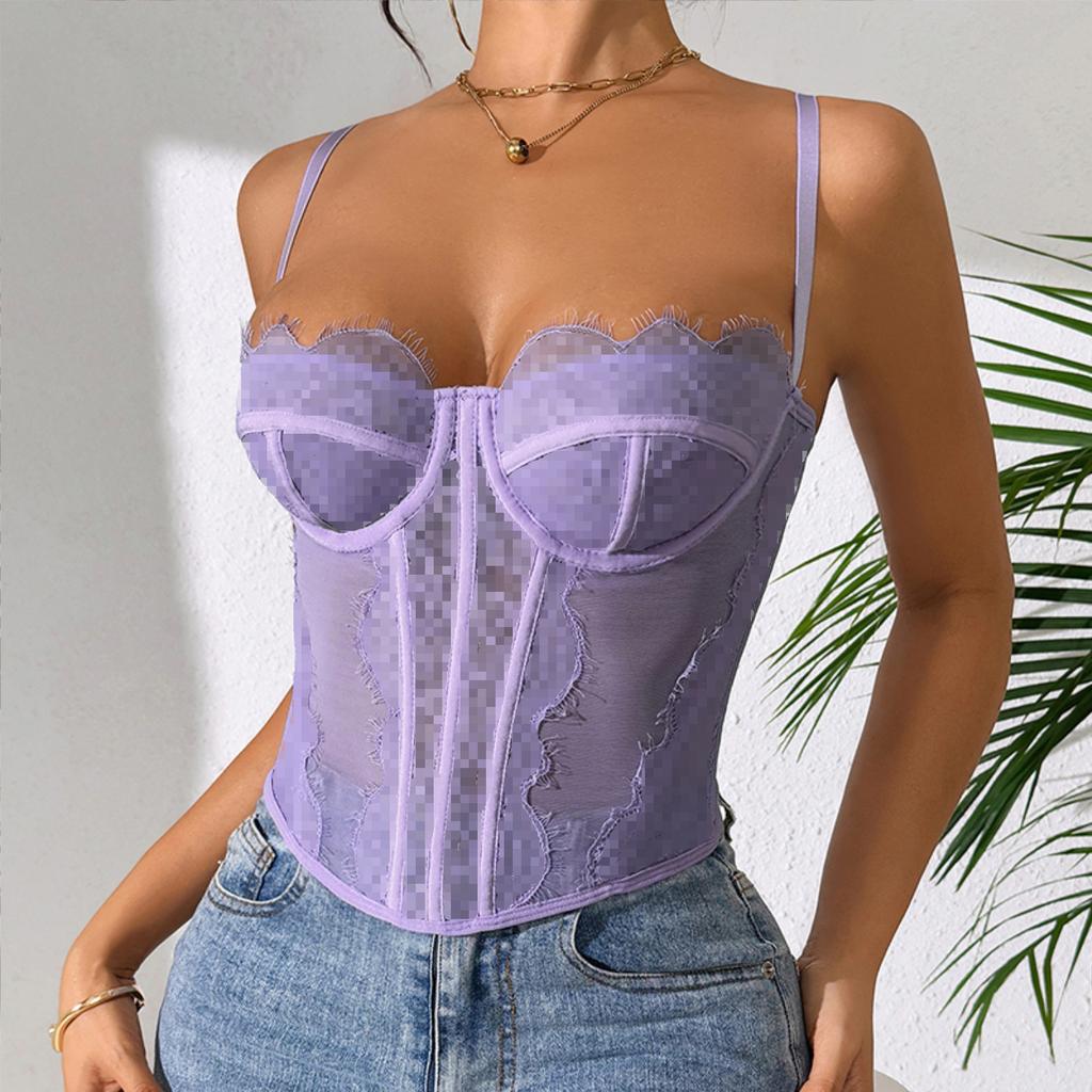 Sexy Gathering Slim Fit Fishbone Bust Eyelashes Lace Perspective Pure Desire Suspender Vest Vest Women's Exterior Wear