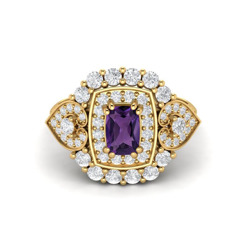 6X4MM Cushion Amethyst Gemstone 925 Sterling Silver Gold Plated Solitaire Halo Women Engagement Ring