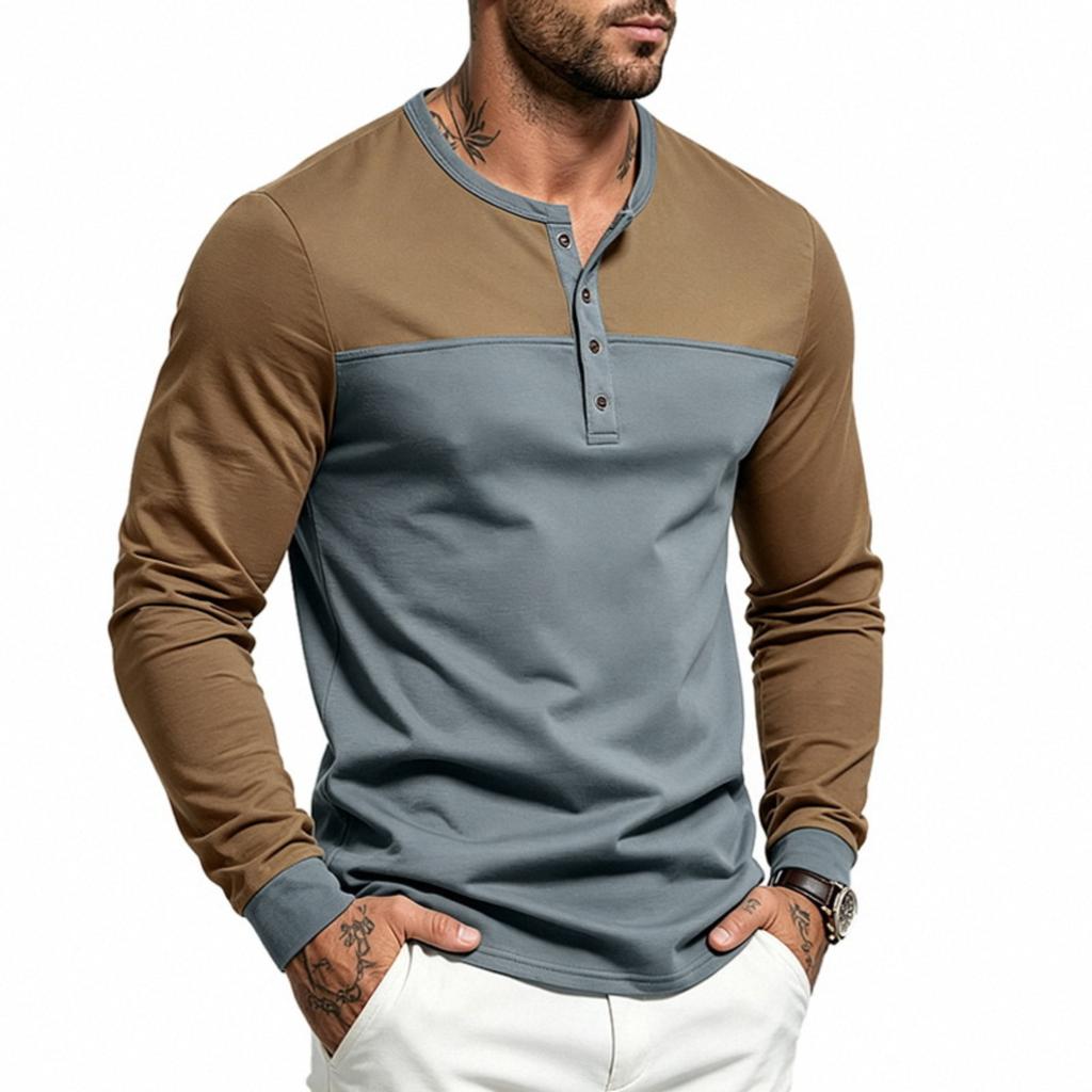 Men's Loose Fit Long Sleeve Shirt with Color Block Button Placket Casual Commute Top