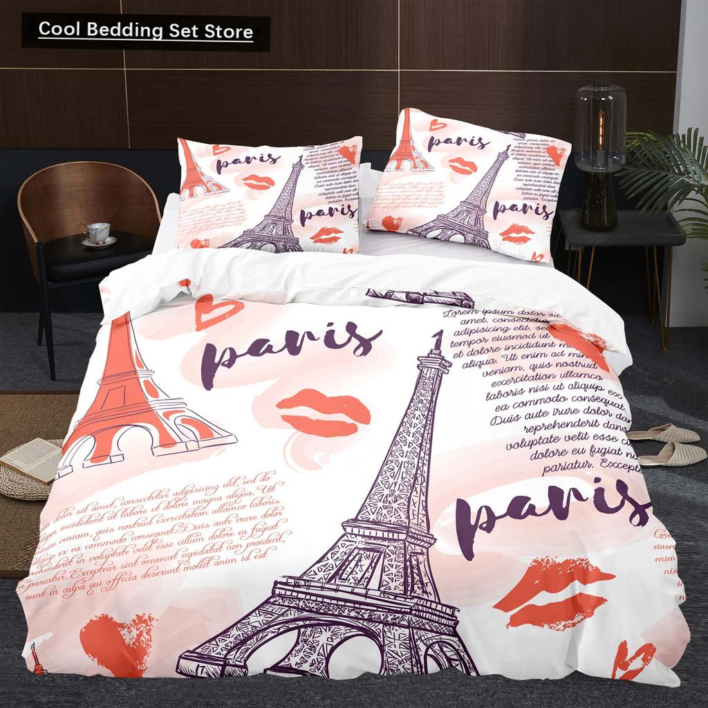 Eiffel Tower Flowers King Queen Duvet Cover Famous Architecture In Paris Bedding Set for Women Romantic Polyester Quilt Cover