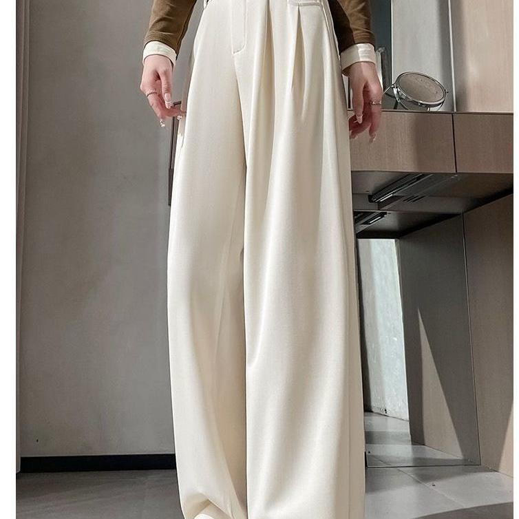 Women's High-Waist Slimming Ankle-Length Wide-Leg Suit Pants, Small, Apricot, Straight Leg, Spring Edition.