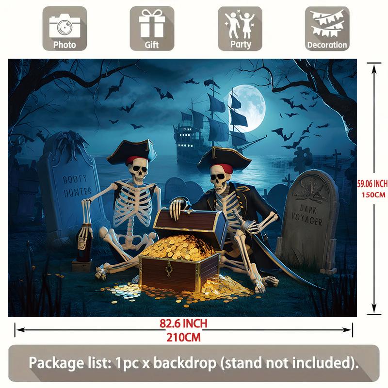 Party Backdrop Halloween Pirate Moon Skeleton Treasure Chest Flat Spooky Night Photo Background Decor Outdoor Party Decor