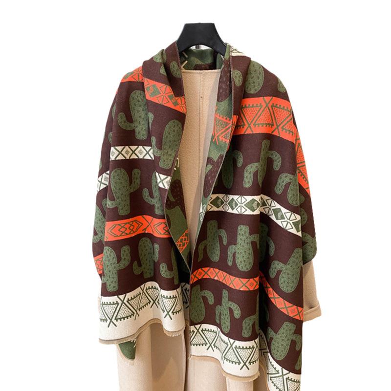 Imitation Cashmere Scarf Women'S Nordic Style Decoration Warm Dual-Purpose Double-Sided Shawl Creative Printing Fringed Scarf