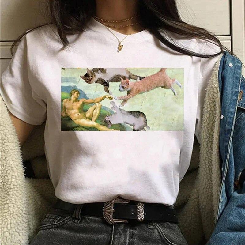 Camiseta Gato Van Gogh woUnisex estampado artístico pintura al óleo hermosa linda divertida camiseta dibujos animados años 90 ulzzang top casual camiseta mujer
