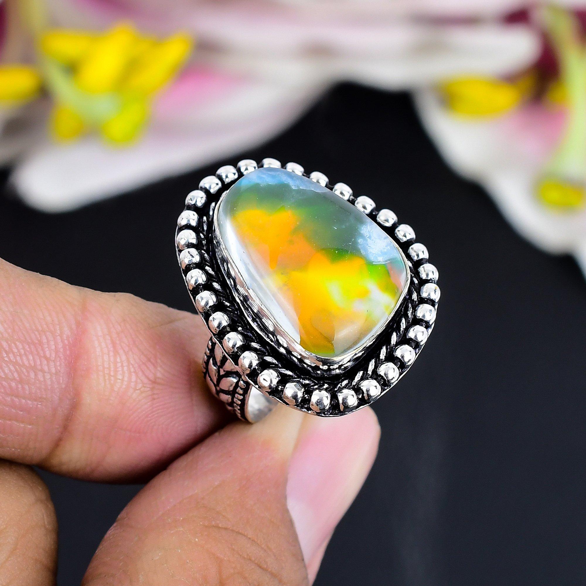 

Mexican Dico Glass Gemstone 925 Sterling Silver Jewelry Ring Size 7.5 KG-1707