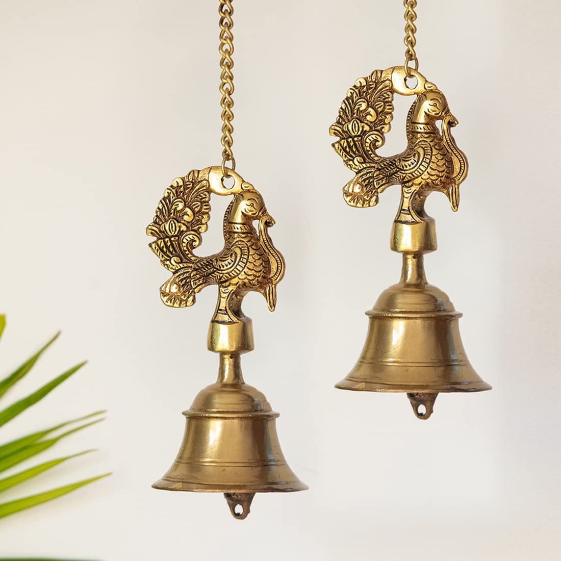 Golden Elegant Peacock Brass Hanging Bells For Pooja Room, Brass, Gold Bells