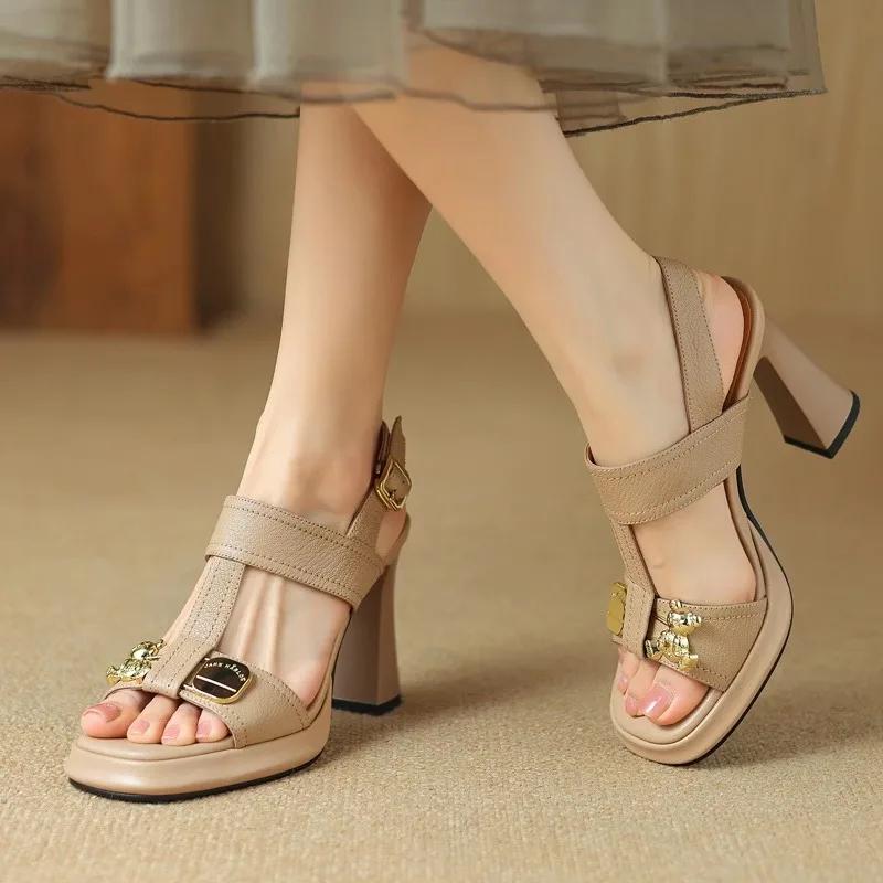 2025 Women's Fashion Sandals Metal Decoration One-line Buckle Square Heel Women Shoes Dress French Square Toe Sandalias De Mujer