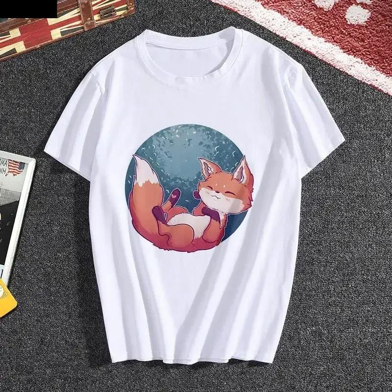 Kawaii Fox Print Ladies Tshirt Ladies Casual Basis Ocollar White T Shirt Short Sleeve Ladies Tshirt Cute Animal Graphics Tops