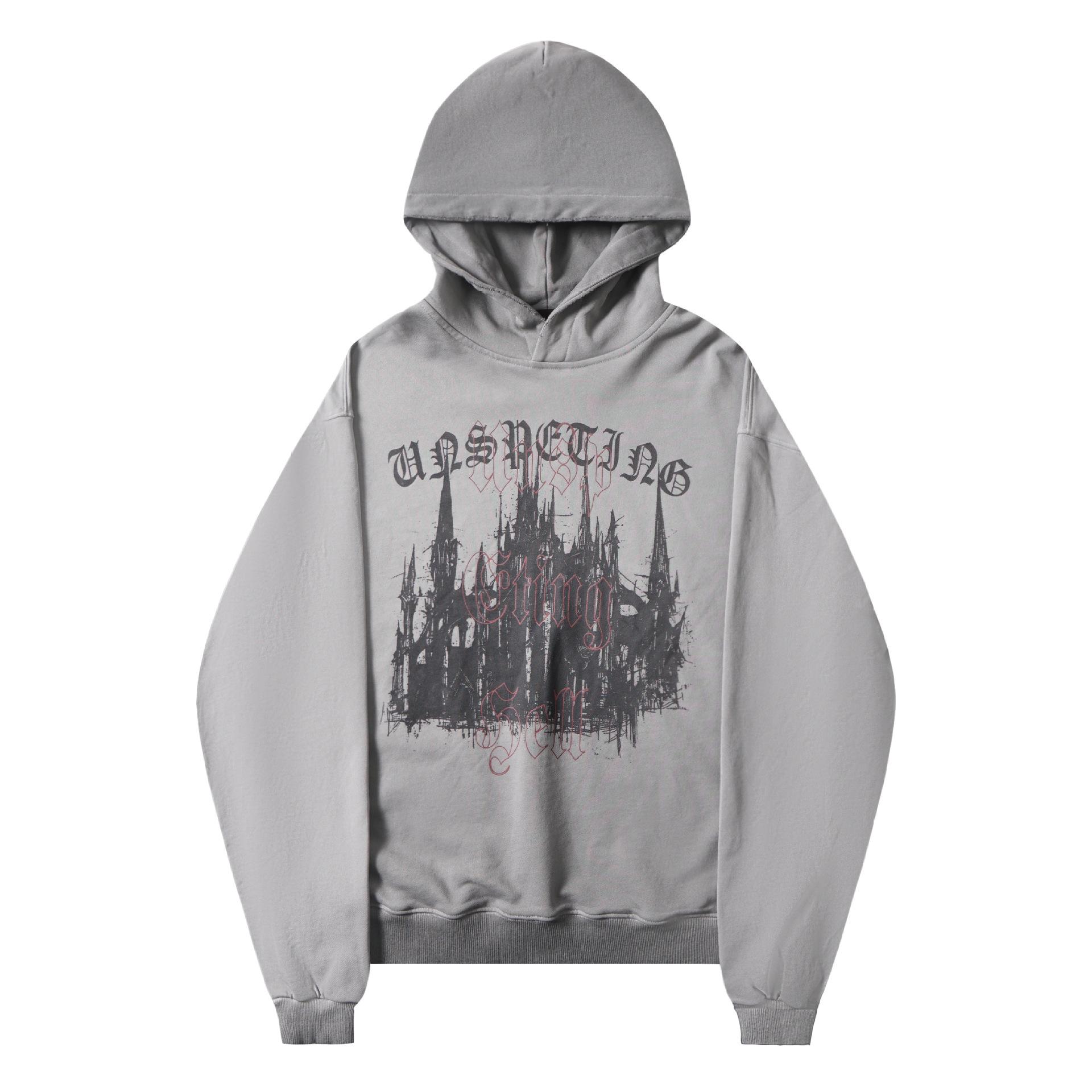 Men s Autumn American Street Trend Hoodie Dark Goth Washed Hooded Sweater M серый