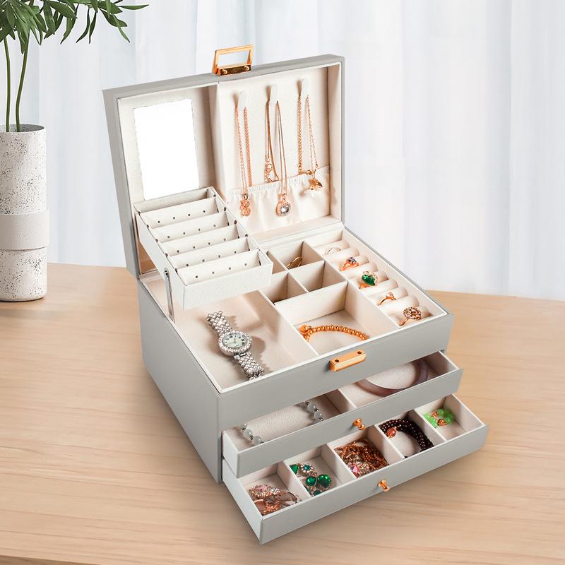 Elegant Three-Layer Leather Jewelry Box - Necklace, Earrings & Accessories Storage