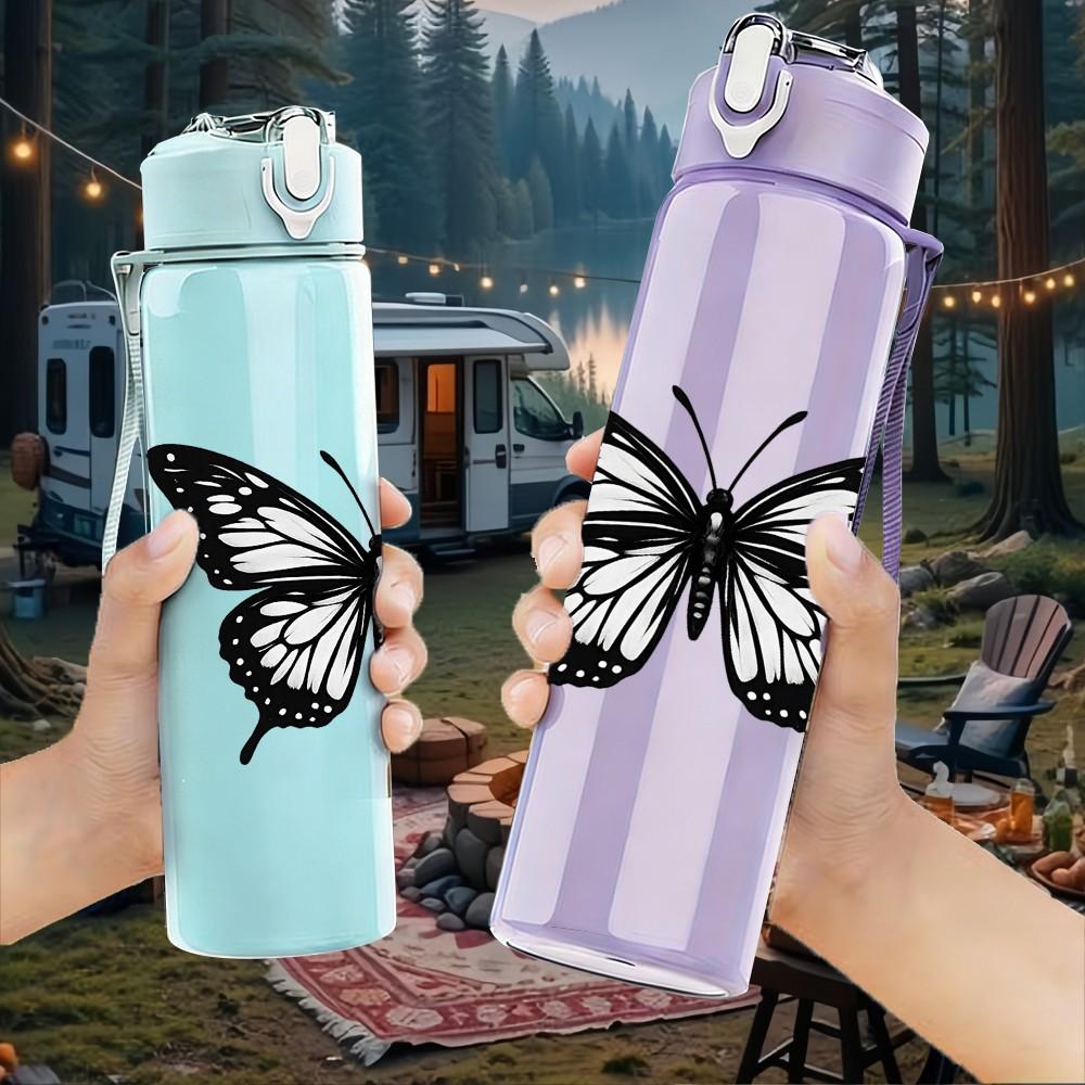 1PC Classic Black Butterfly Print 750ml Color Plastic Sports Water Bottle Leakproof Flip Straw Lid Suitable for Sports Office Home Use