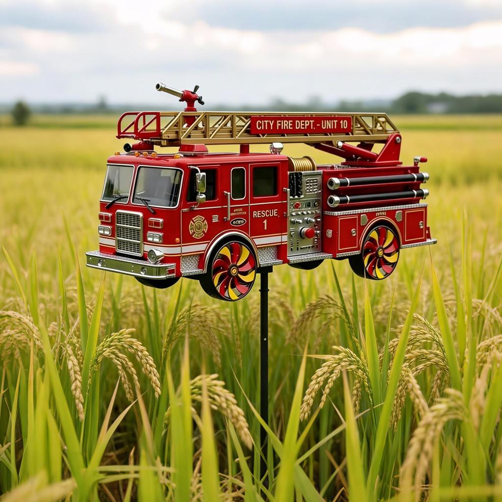 Feuerwehrwagen Bodenspinner Wetterfest Dekorative Wetterfahne Metall Windmühlen Kunstdekoration mit Erdspieß für Garten Hof