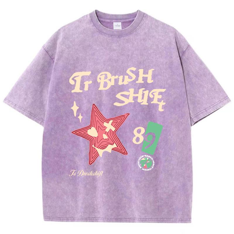 Oversized Women Washed T-Shirts Stars And Letters Printed Tee Shirts Cotton Crewneck Oversize Tees Vintage Summer Clothes