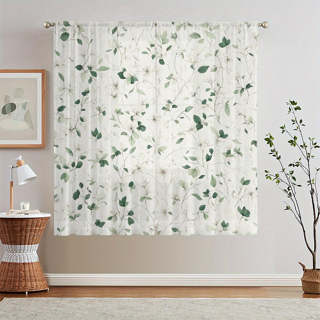 2Pc Green Branches And White Flowers Pattern Curtains, Polyester Fabric, Machine Washable, Suitable For Living Room And Bedroom