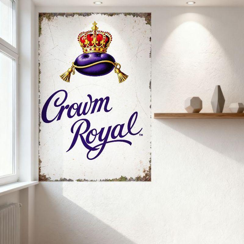 Crown Royal Whisky Vintage Metal Tin Sign, Golden Crown Purple Cushion Retro Whisky Brand Decor Plaque for Bar Man Cave Club Res