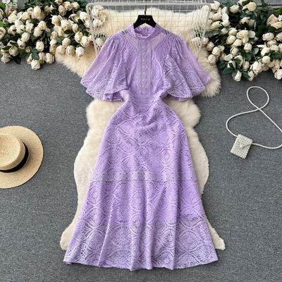New Retro Court Hollow Out Hook Flower Purple Lace A-line Dress for Women Summer Flying Sleeve Party Dresses