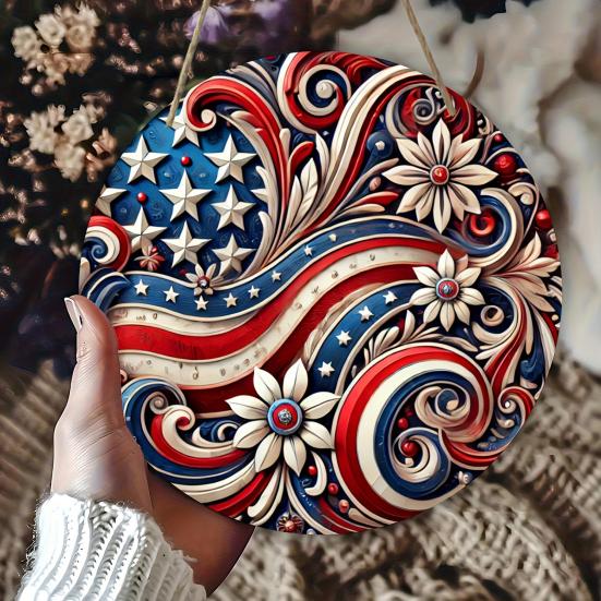 Patriotic Wall Hanging Decoration, Red White Blue Star Stripe Wooden Round Sign, 4th of July Front Door Wreath Alternative, Home Porch Decor