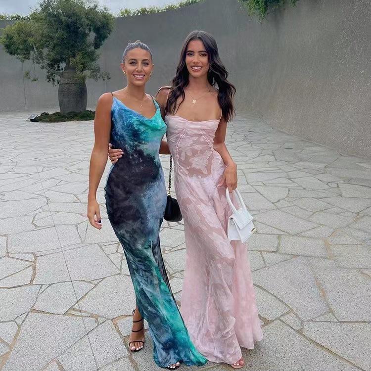 Frühling Sommer Damen Perspektive Urlaub am Meer Slim Fit Camisole Kleid Hohe Taille A Linie Hosenträger Blumendruck Langes Kleid