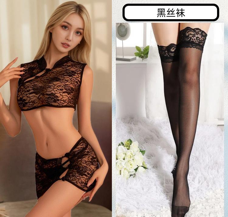 Sexy Underwear Women's Sexy Classical Cheongsam Stand-up Collar Retro Disc Buckle Split Temptation Teasing Lace Perspective Style