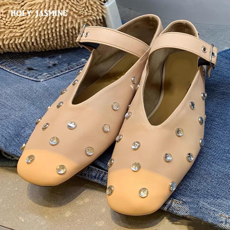 Rivets Women Flats Genuine Leather Buckles 2024 New Spring Summer Fashion Soft Leather Shoes Mary Jane Black Flats Shoes Woman
