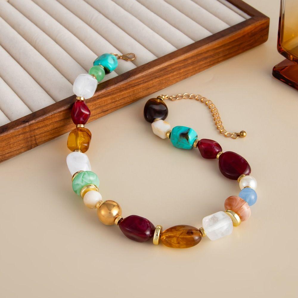 Stone Colorful Resin Necklace Bead Clavicle Chain Creative Beads Short Choker  Women