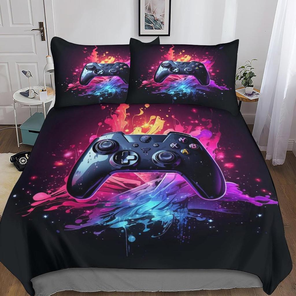 Gamer Duvet Cover Set 2Pcs Bedding Set With Pillowcase, Video Game Gamepad Controller Print Pattern Gaming Quilt Cover With Zip