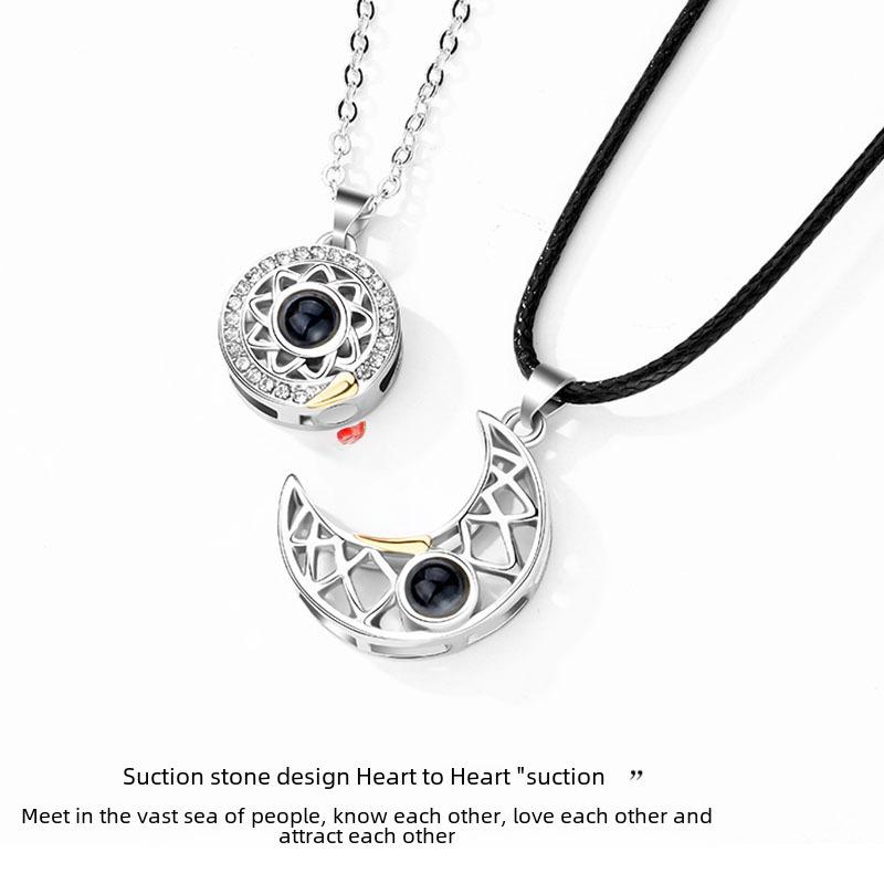 100 Languages Projection Stone Sun & Moon Couple Magnet Necklace Set