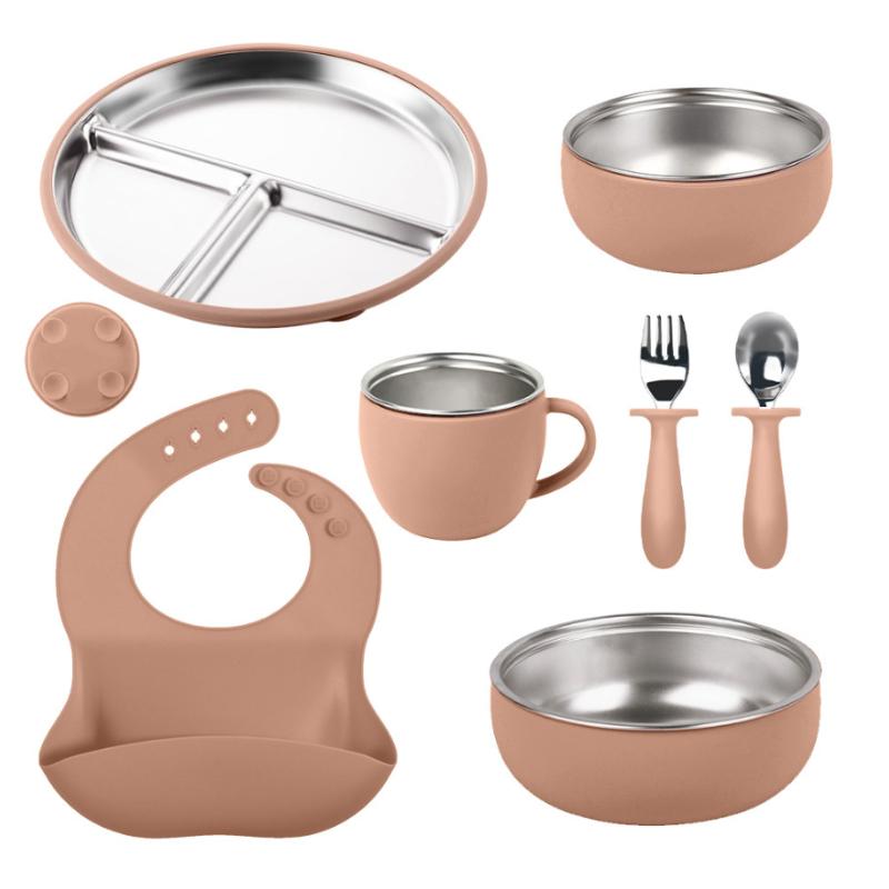 

Набор детской посуды из 7 предметов Детский набор из нержавеющей стали и силикона Посуда на присосках Вилки Ложки Товары для мамы и малыша коричневый